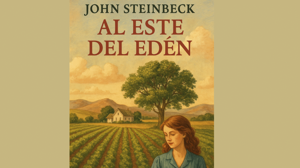 dibujo de una mujer con un campo de fondo y cartel al este del edén