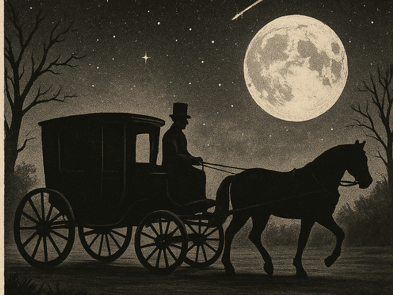imagen en negro sobre fondo sepia de un carruaje tirado por un caballo con la luna llena al fondo