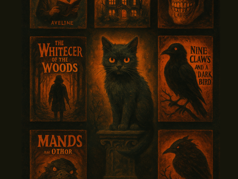 dibujo en negro y naranja con portadas libros spooky