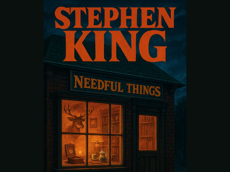 dibujo ilustrado de la tienda de noche con un letrero grande con el nombre del autor