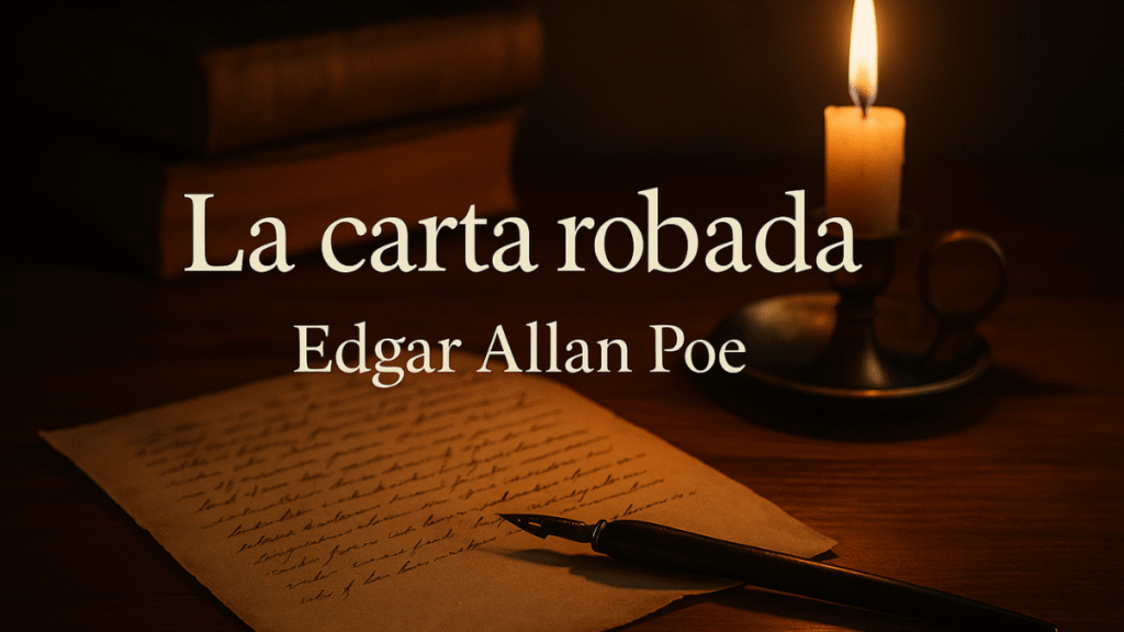 papel y pluma sobre la mesa con luz de vela y cartel grande de la carta robada