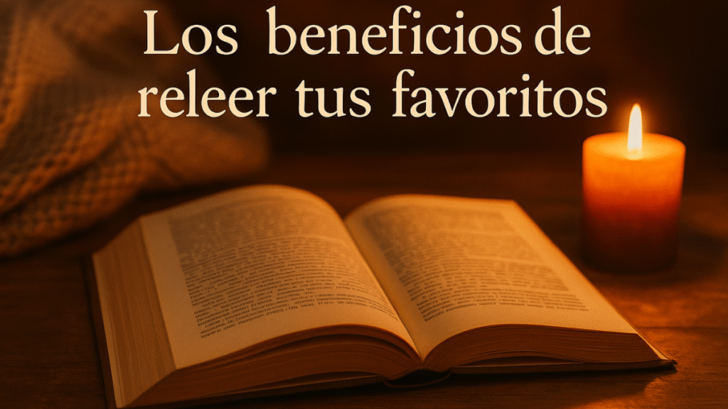 libro abierto sobre la mesa y cartel de beneficios de releer tus favoritos