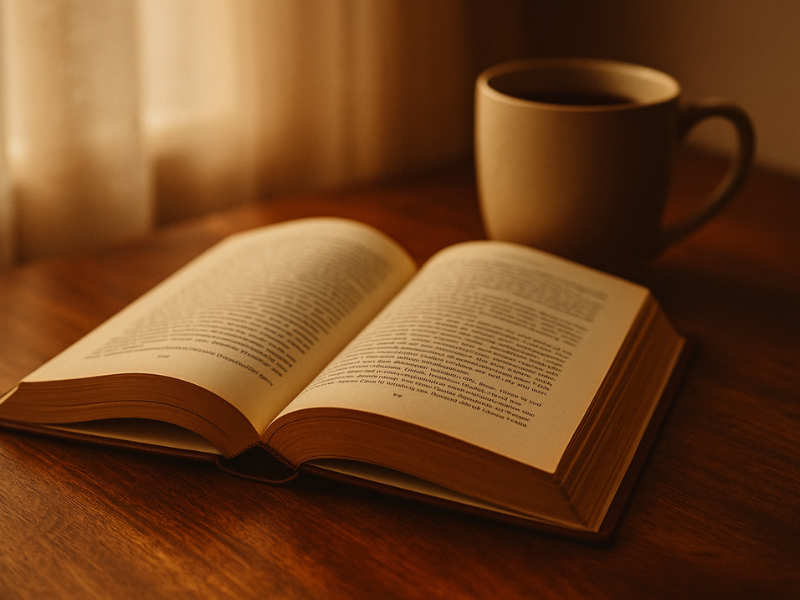 libro abierto y taza de cafe sobre la mesa ilustrando los beneficios de releer