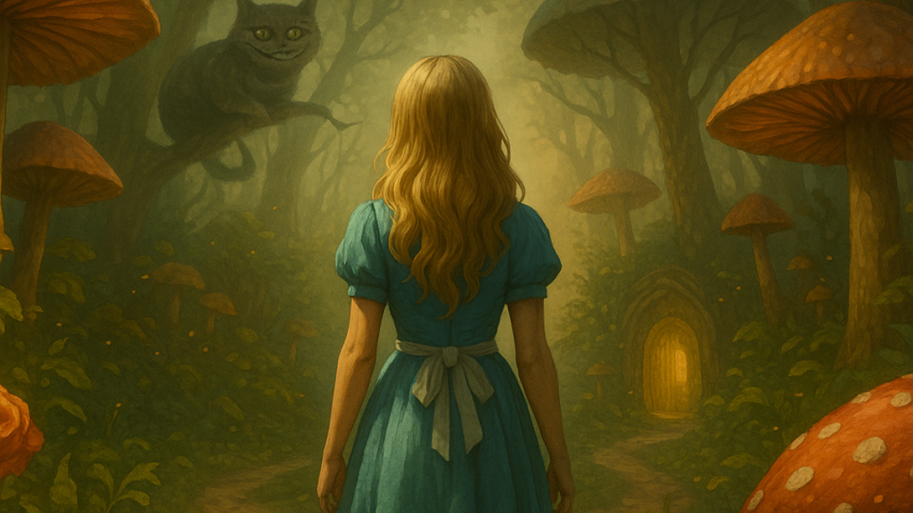 dibujo de alicia en el país de las maravillas con alicia de espaldas, mirando un bosque