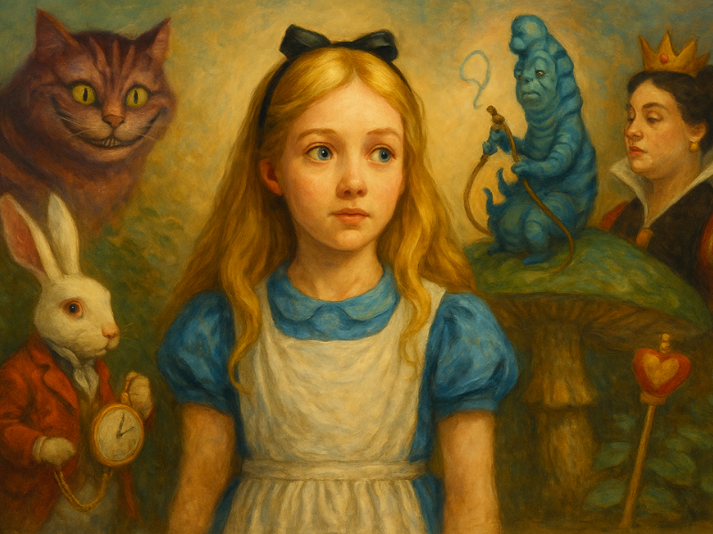 dibujo de alicia en el país de las maravillas con alicia rodeada de los personajes