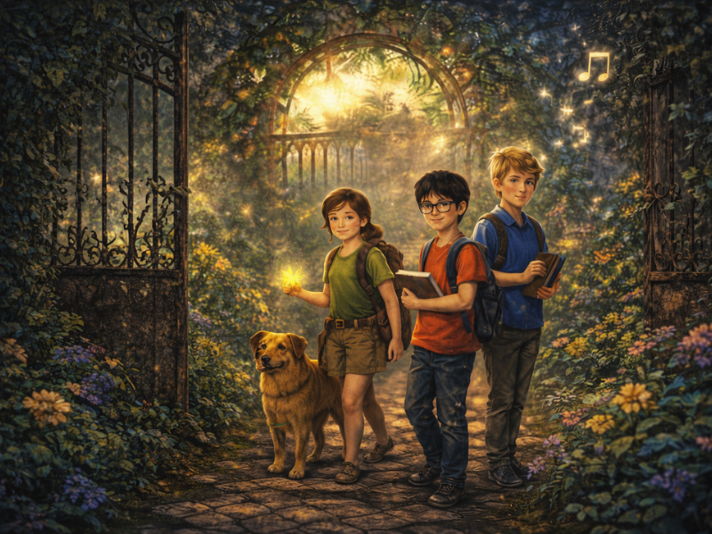 dibujo de los tres de la colina y el misterio del jardin musical