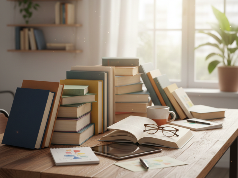 mesa con libros para cuando no sabes que leer