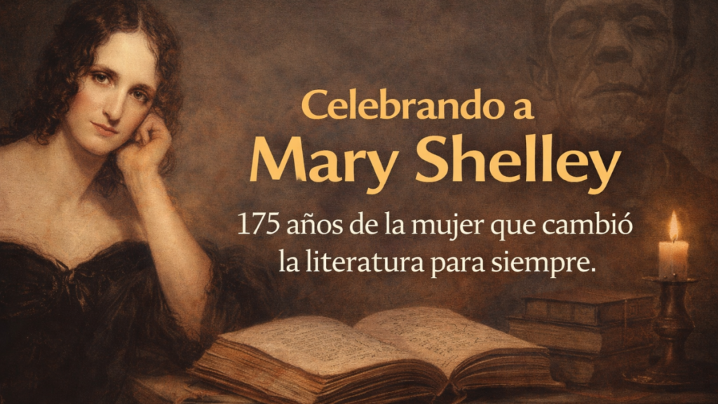 ilustracion de mary shelley en fondo sepia